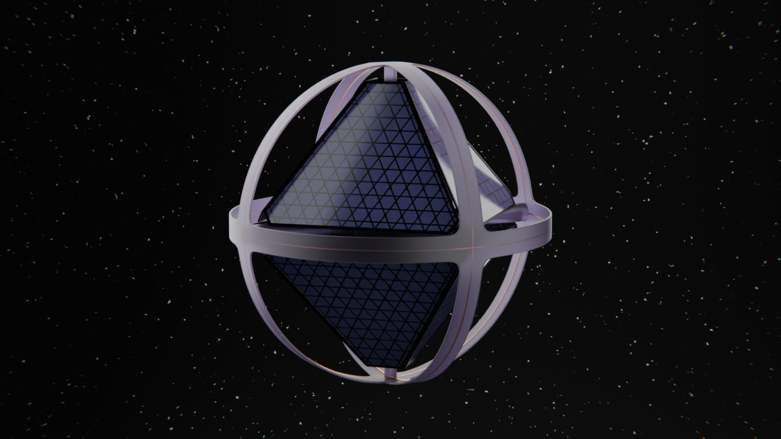 A dark, cinematic 3D render of a futuristic orbital structure set in outer space. The object consists of a pale lavender/grey spherical gyroscope-like frame made of interlocking rings, encasing two large triangular solar panel arrays with a grid-like surface texture in deep blue-grey tones. The panels are oriented in opposite directions — one pointing upward and one downward — giving the structure a tetrahedron-like inner form. The background is a deep black sky filled with scattered white stars.